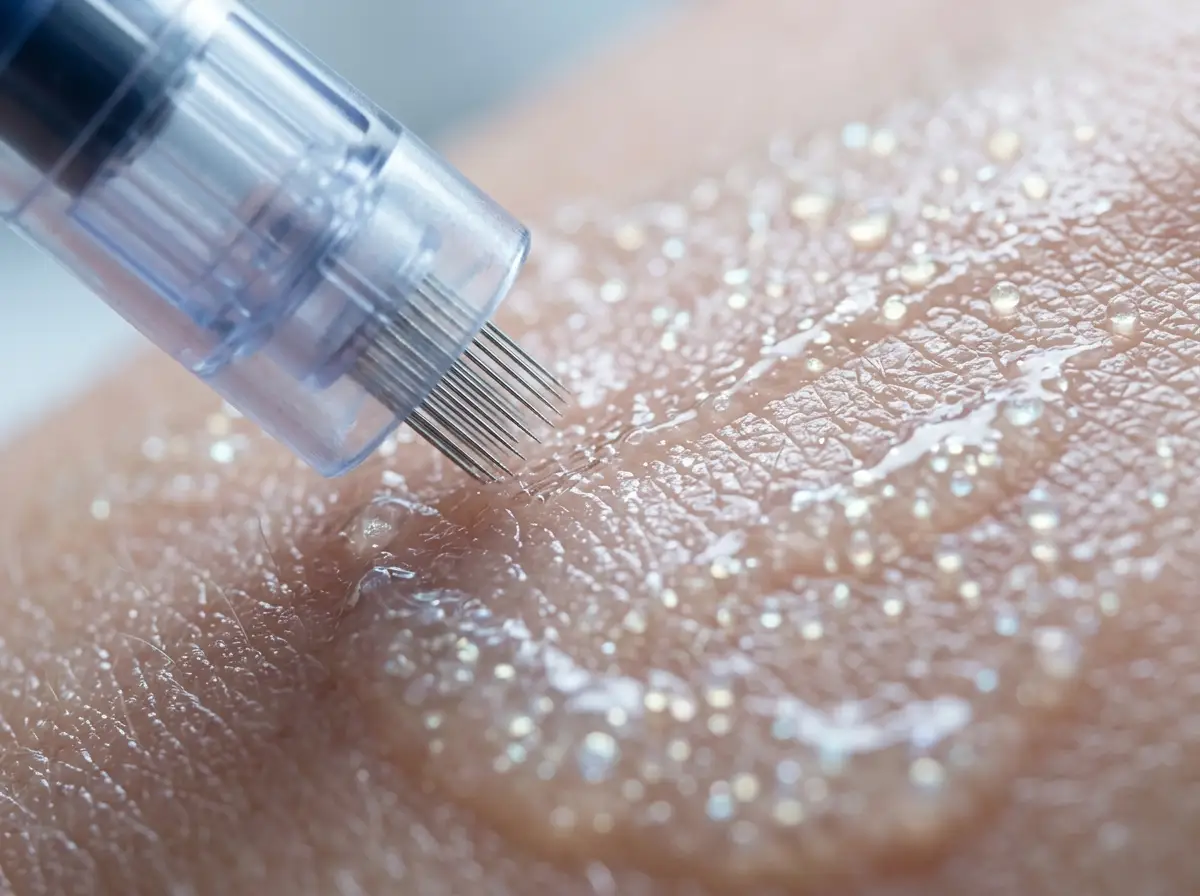 Primissimo piano dell'estremità di un dispositivo professionale per microneedling che scivola su una pelle liscia. Goccioline microscopiche e luminose di siero trasparente agli esosomi vengono assorbite dalla pelle.