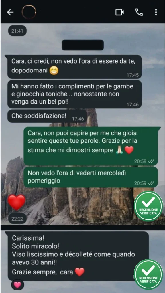Screenshot di una recensione inviata su WhatsApp da una paziente dello Studio Medico.