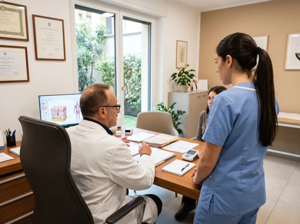 Dottor Marco Marvelli dermatologo e assistente durante una consulenza di dermoestetica a Roma